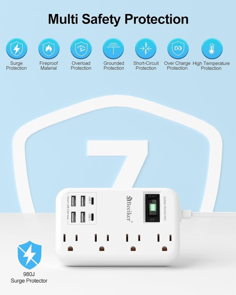 Beeiker 6 USB(2 USB C) Surge Protector Power Strip- 10 Ft Extension Cord with 24W USB Charging Station and 4 Outlets, Long Flat Extension Cord with Multiple Outlets for Travel Home Office Dorm White - Image 5